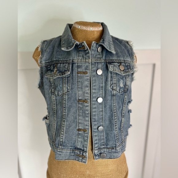 Tops - Distressed Denim Sleeveless trucker Vest with Silver Buttons size small